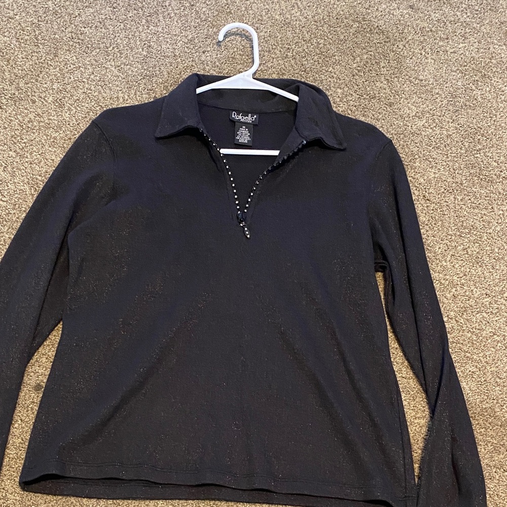 Coldwater Creek Black Long Sleeve Top with Beaded Collar